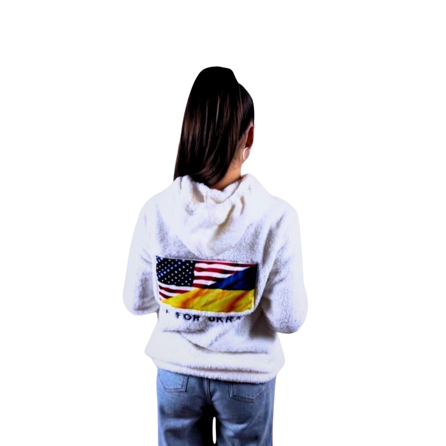 Uptake Unisex Sherpa Hoodie Outdoors Pullover with Embroidered Ukrainian and US Flags Winter Comfort - Uptake