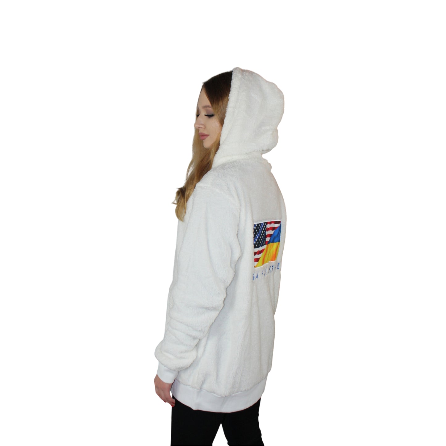 Uptake Unisex Sherpa Hoodie Outdoors Pullover with Embroidered Ukrainian and US Flags Winter Comfort - Uptake