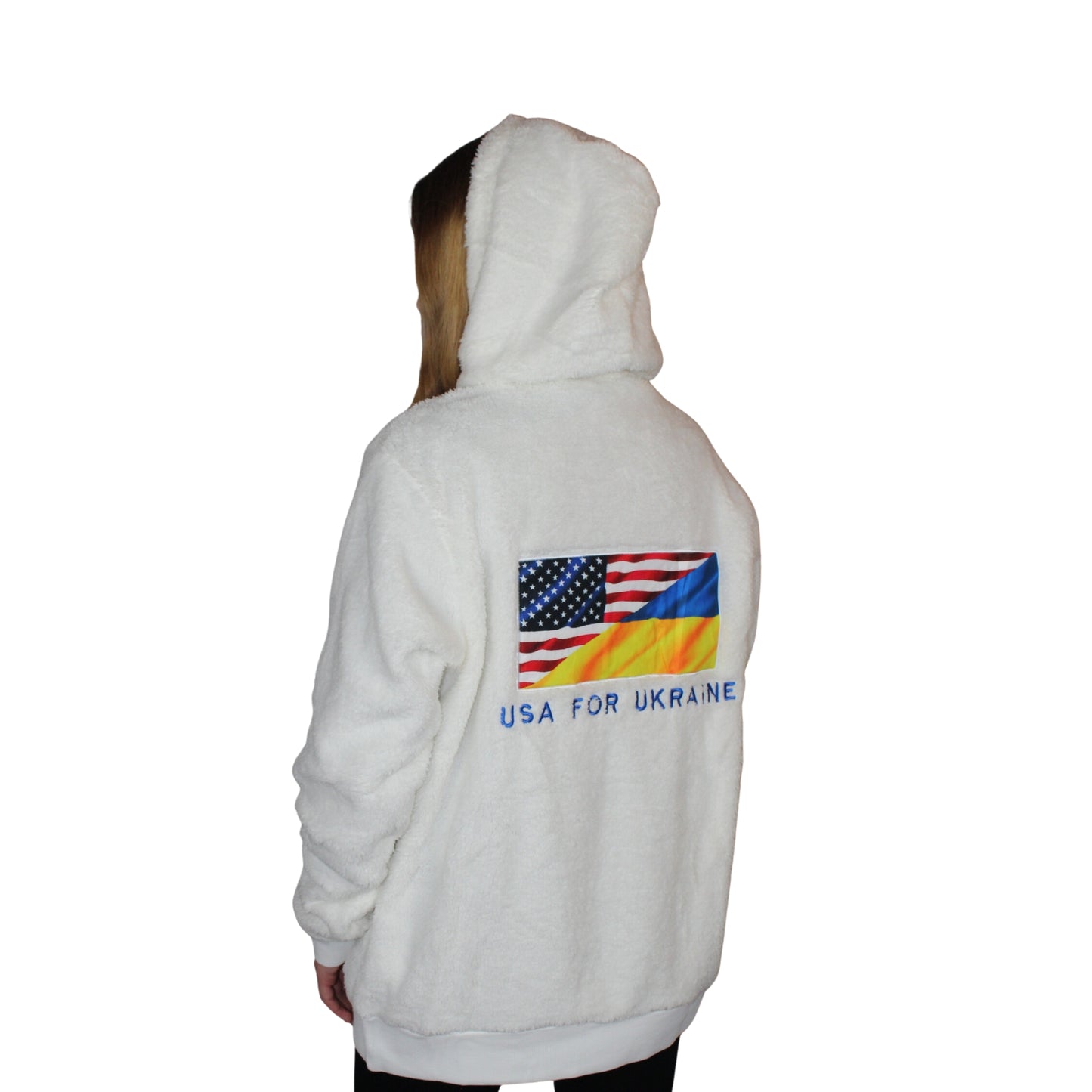 Uptake Unisex Sherpa Hoodie Outdoors Pullover with Embroidered Ukrainian and US Flags Winter Comfort - Uptake